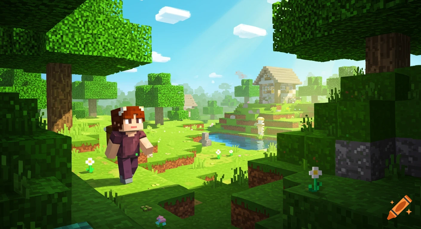 A blocky character with red-brown hair walks through a vibrant green Minecraft-style landscape with trees, a pond, and a distant house under a bright blue sky.