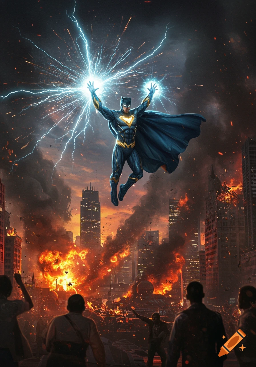 A superhero in a dark blue and gold suit levitates above a burning city, channeling powerful blue lightning from their hands in a dramatic comic art style.