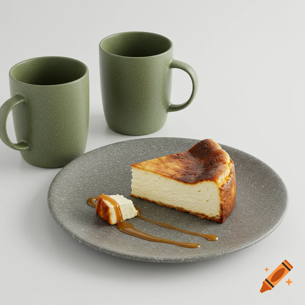 Photorealistic slice of San Sebastian cheesecake with caramel drizzle on a speckled plate, next to two olive green mugs on a white background.