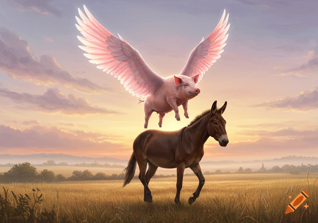 A winged pink pig flies above a brown mule walking through a golden field at sunset in an illustrative style.