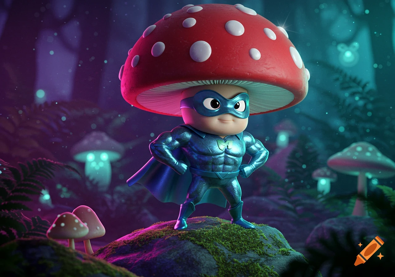 A cartoon superhero mushroom with a red spotted cap and blue suit stands heroically in a glowing, mystical forest.