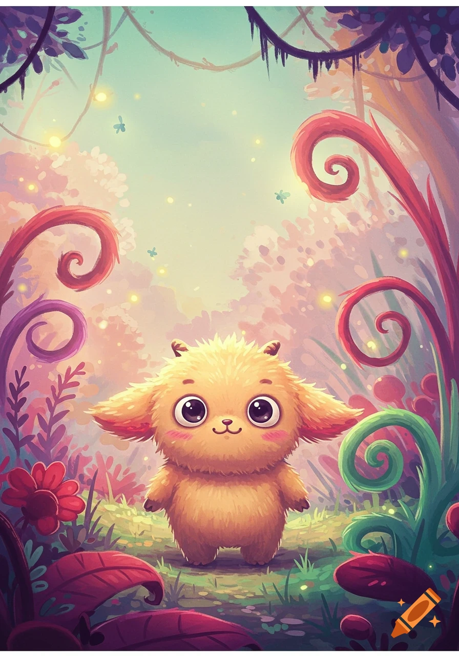 A cute, fluffy, orange monster with big eyes stands in a vibrant, whimsical fantasy forest with glowing lights.