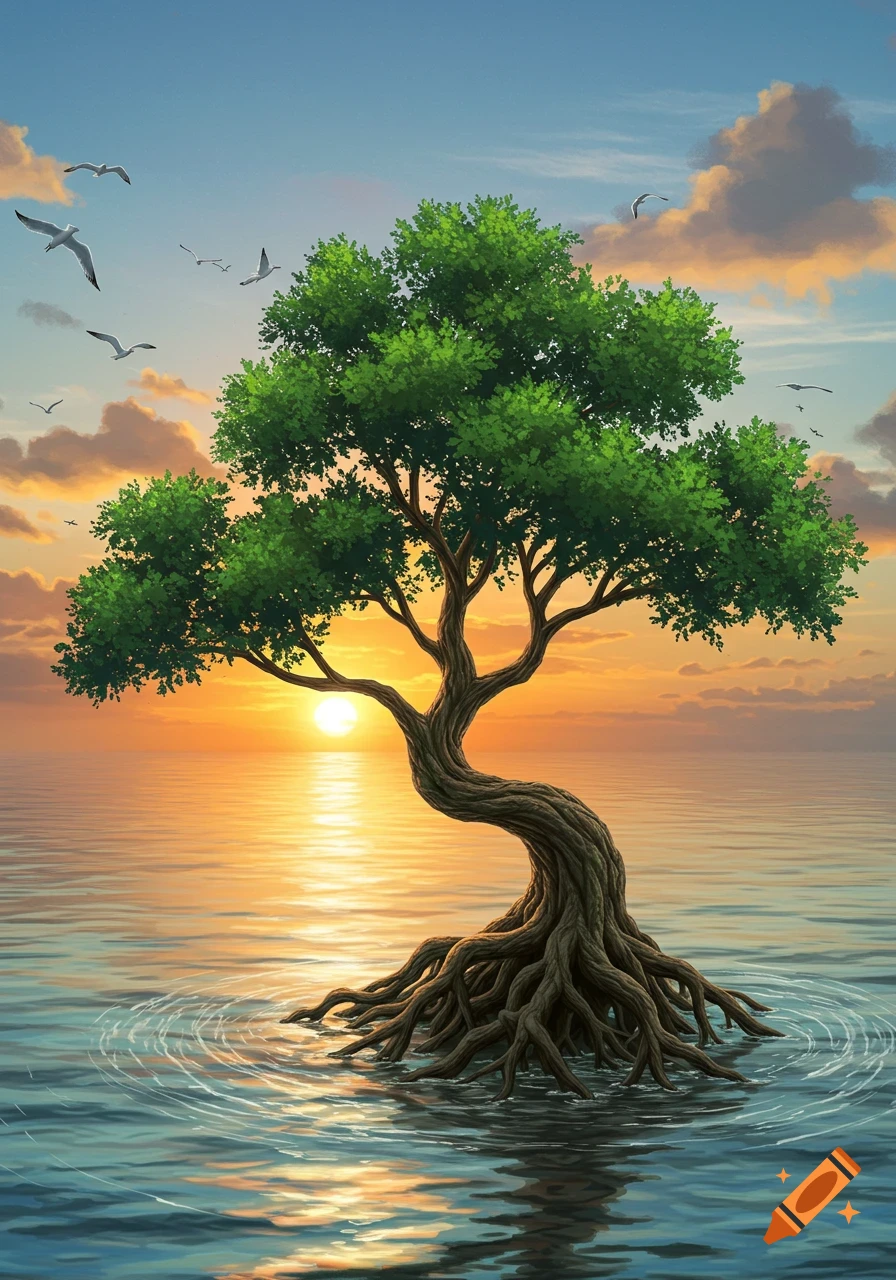 Stylized illustration of a large tree with exposed roots standing in calm water, reflecting a vibrant orange sunset, with birds flying in the sky.
