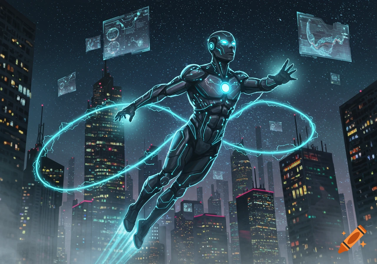 A futuristic superhero in a black suit with glowing blue circuitry flies over a night cityscape with holographic data screens.