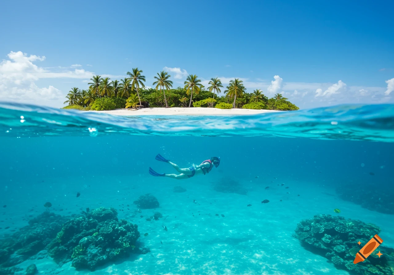 A person snorkeling in crystal clear blue water near a tropical island with palm trees under a bright blue sky.