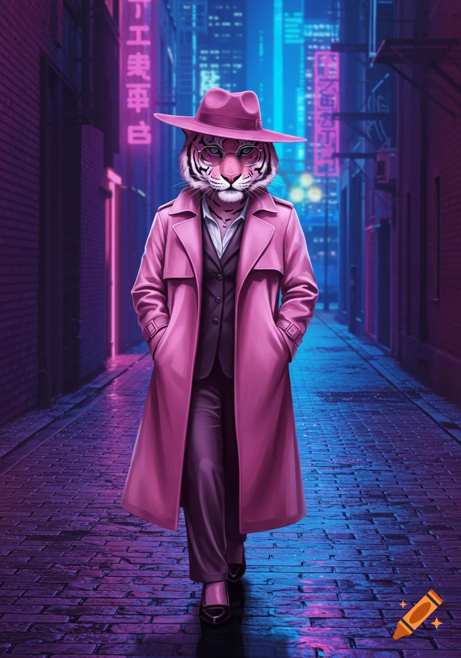 A pink anthropomorphic tiger in a pink trench coat and hat, wearing glasses, walks down a neon-lit cyberpunk alley.