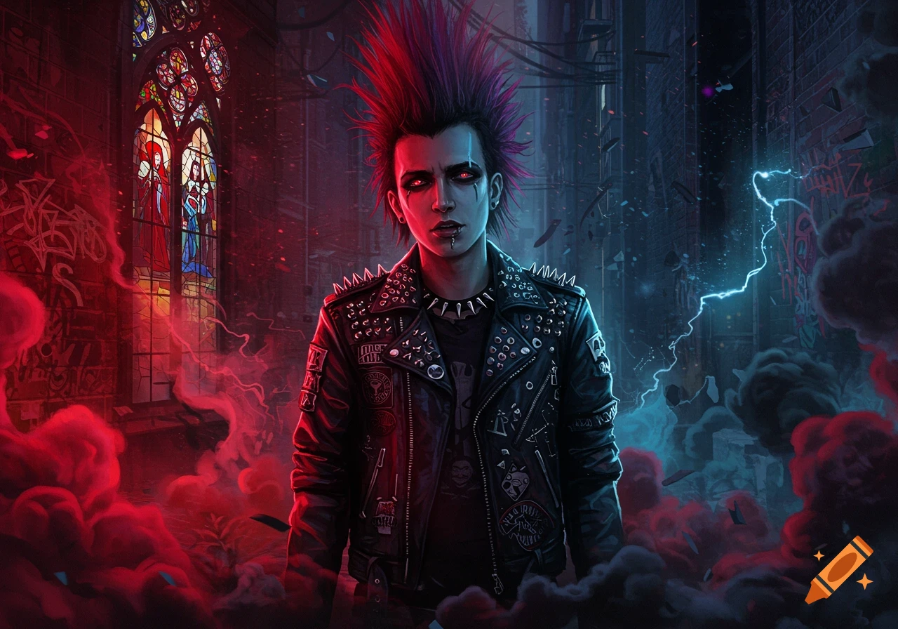 A stylized punk figure with a red mohawk, spiked jacket, and glowing red eyes in a dark, misty urban scene with stained glass and blue lightning.