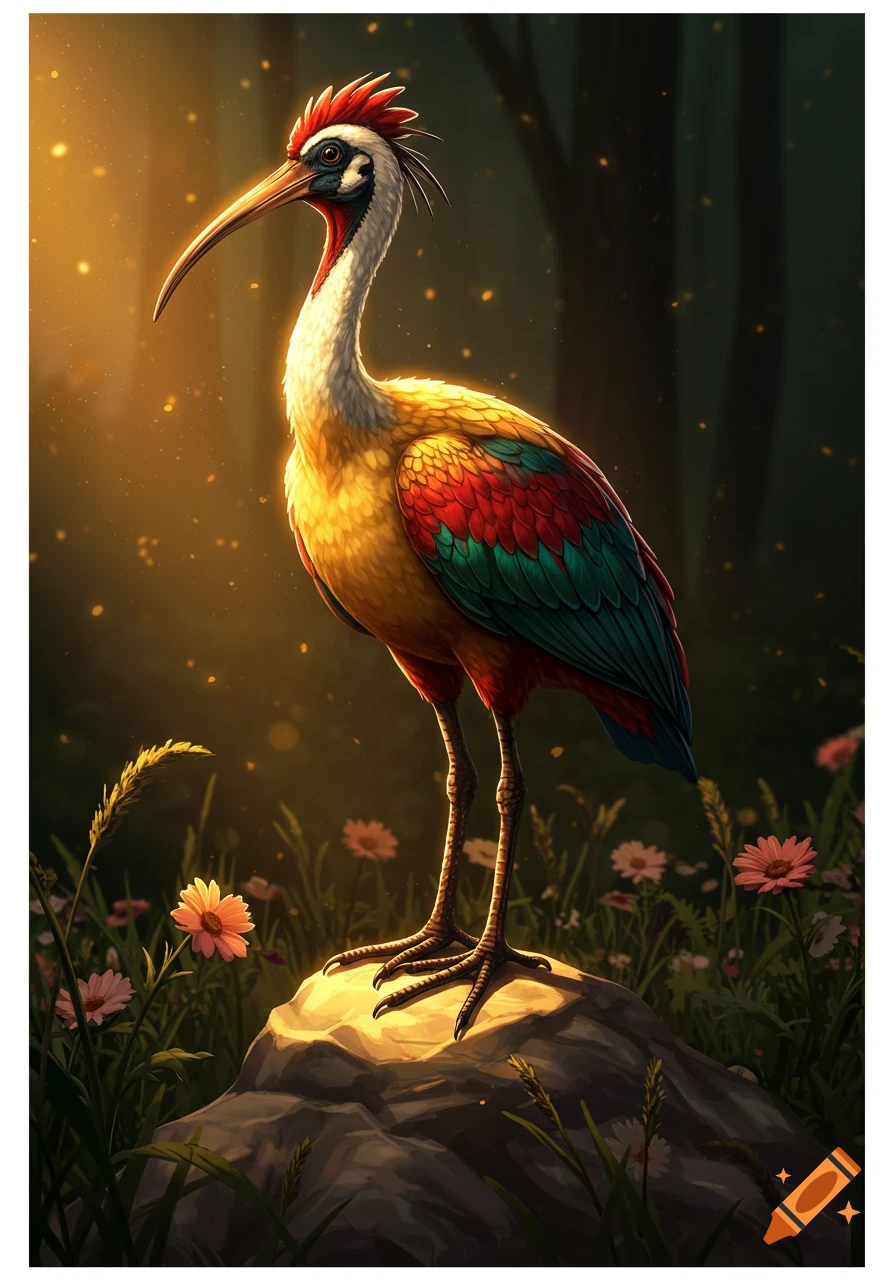 A colorful, stylized bird with a long beak and red crest stands on a glowing rock in a magical forest clearing with pink flowers and golden light.