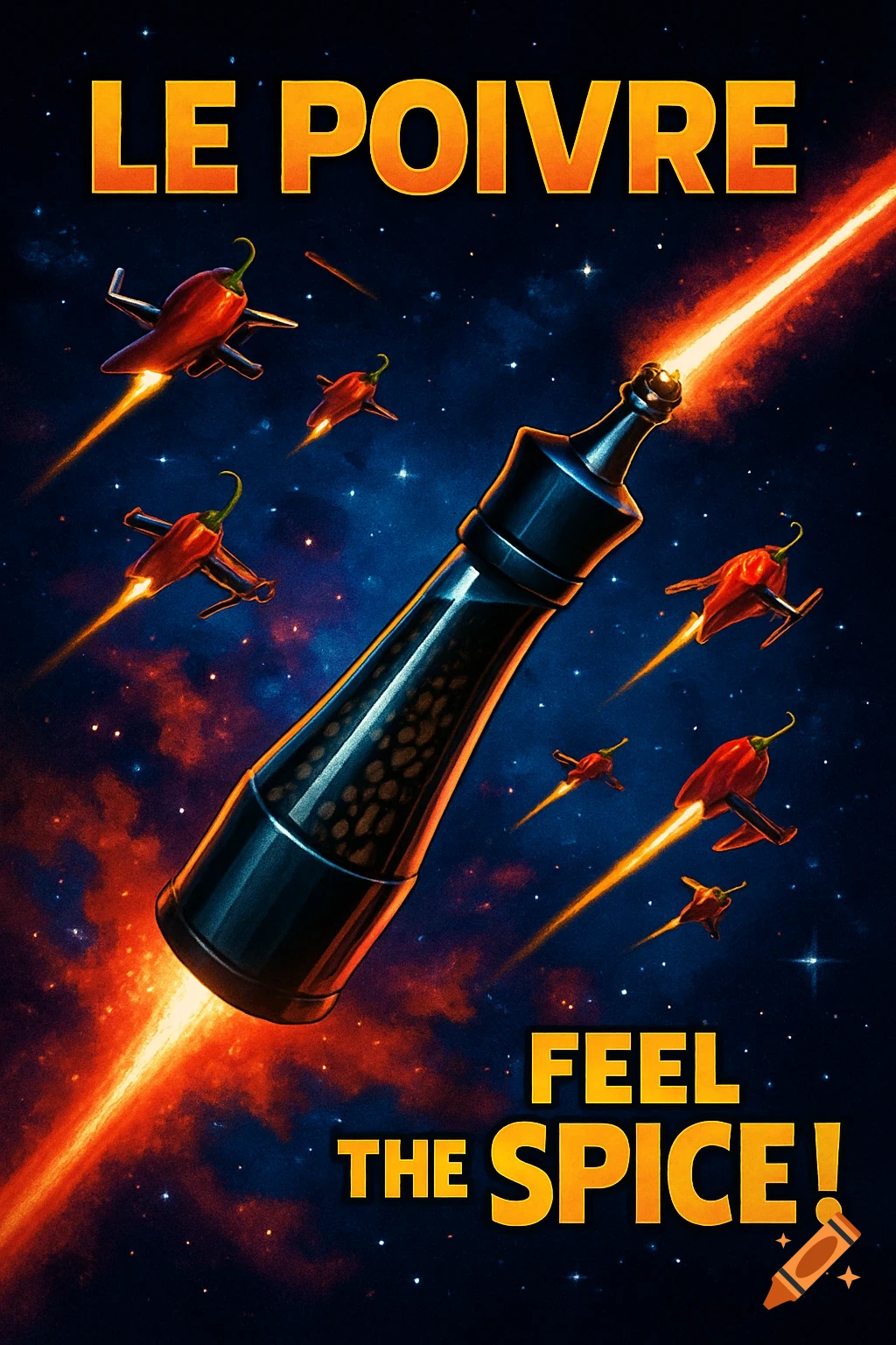 A Star Wars-style space poster with a pepper mill rocket, chili pepper spaceships, and text "LE POIVRE" and "FEEL THE SPICE!".