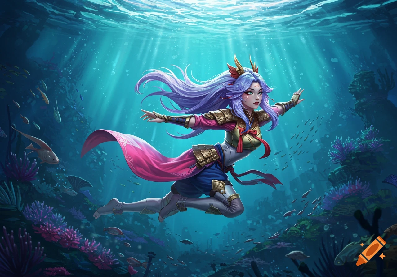 An anime-style female character with long purple hair and a pink flowing dress swims gracefully underwater amidst coral and fish.
