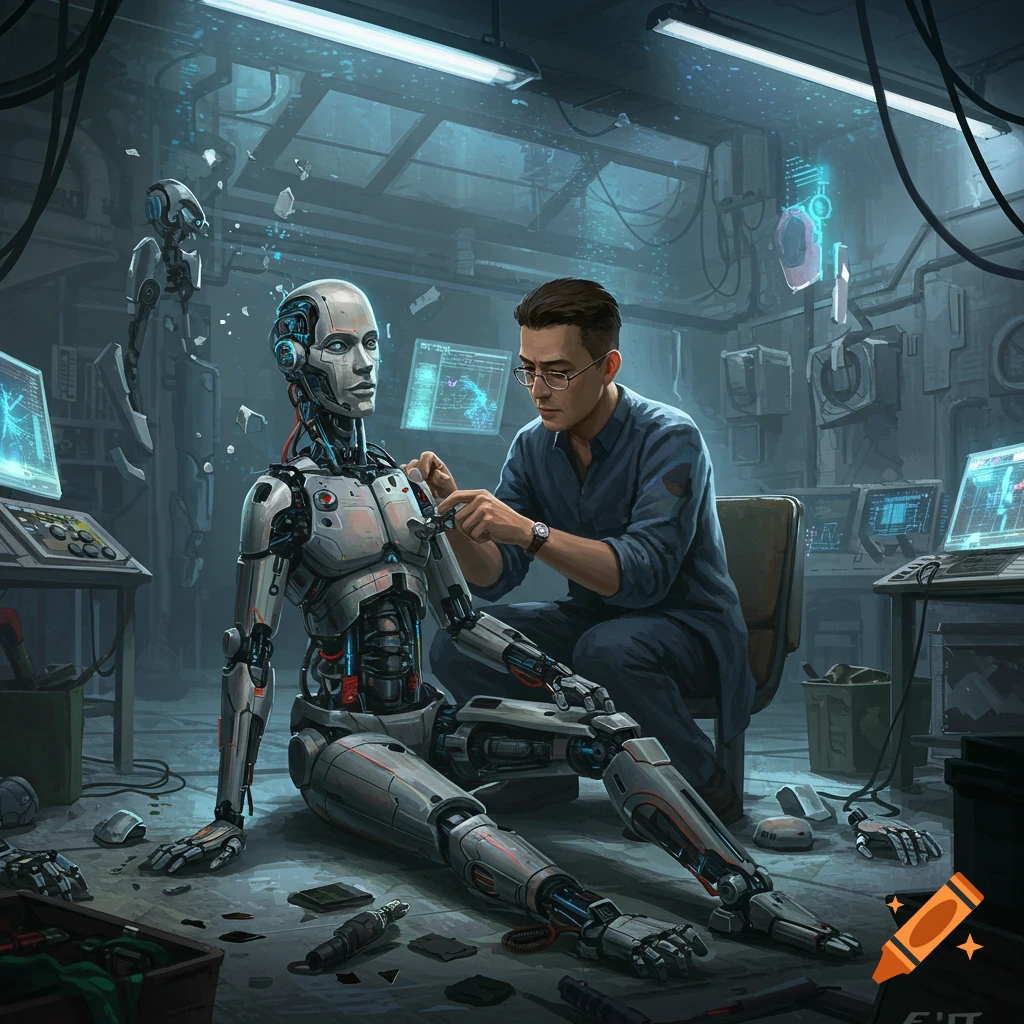 A man in a futuristic workshop works on repairing a detailed humanoid robot, surrounded by tools and glowing screens.