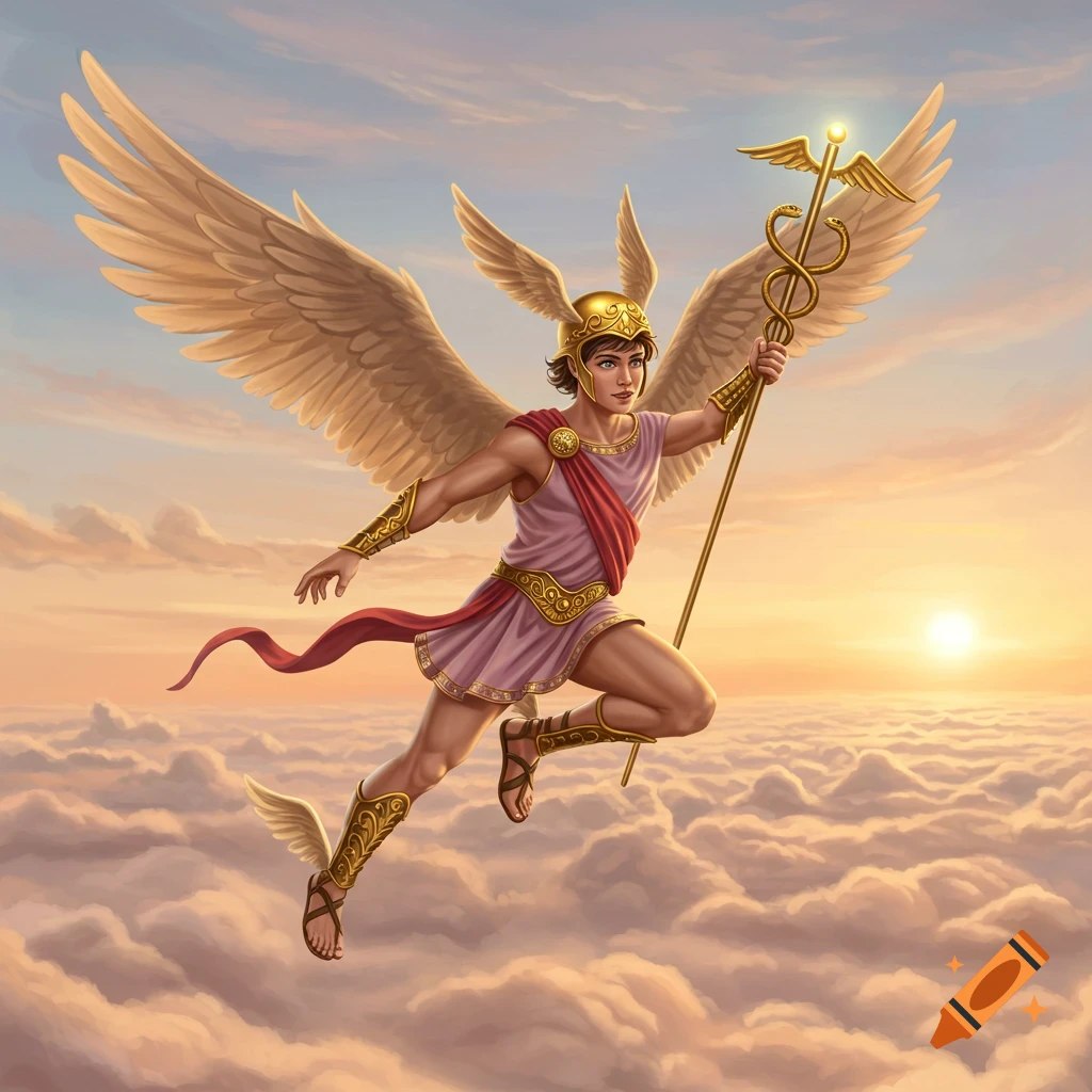 A winged Hermes, Greek god, flies above clouds with a caduceus staff at sunset in an illustrative style.