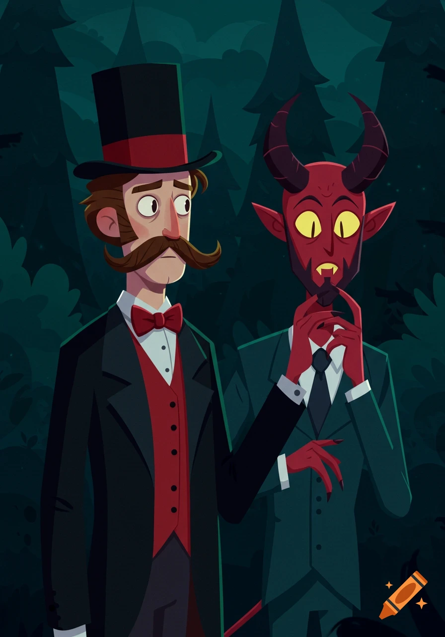 Stylized cartoon of a man in a top hat looking concerned next to a red-skinned demon in a dark forest.