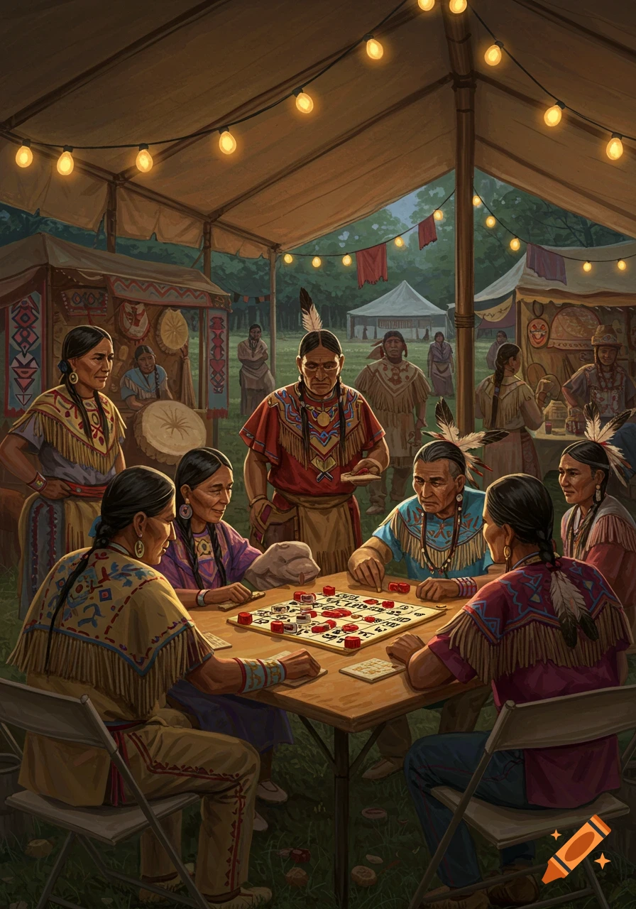 An illustration of Native American people playing a board game under a lighted tent at an outdoor festival.