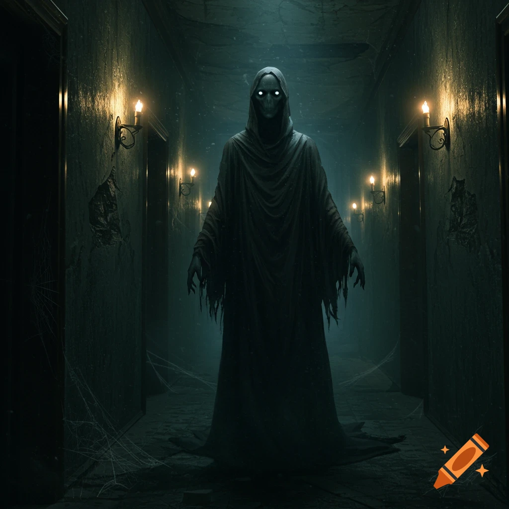 A cloaked, skeletal figure with glowing eyes stands in a dark, dilapidated hallway with sconce lights and cobwebs.