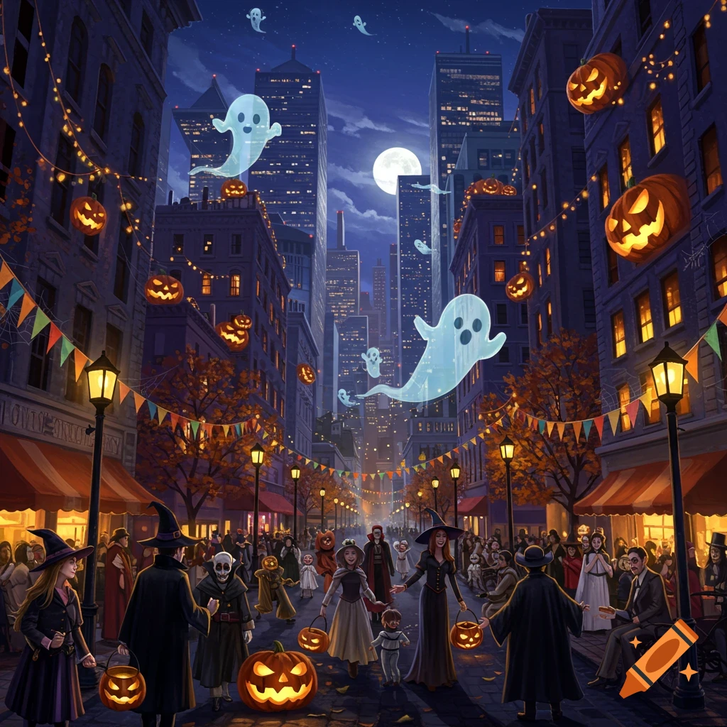 A vibrant illustration of a Halloween night on a city street, bustling with costumed people, glowing jack-o'-lanterns, and whimsical ghosts floating under a full moon.