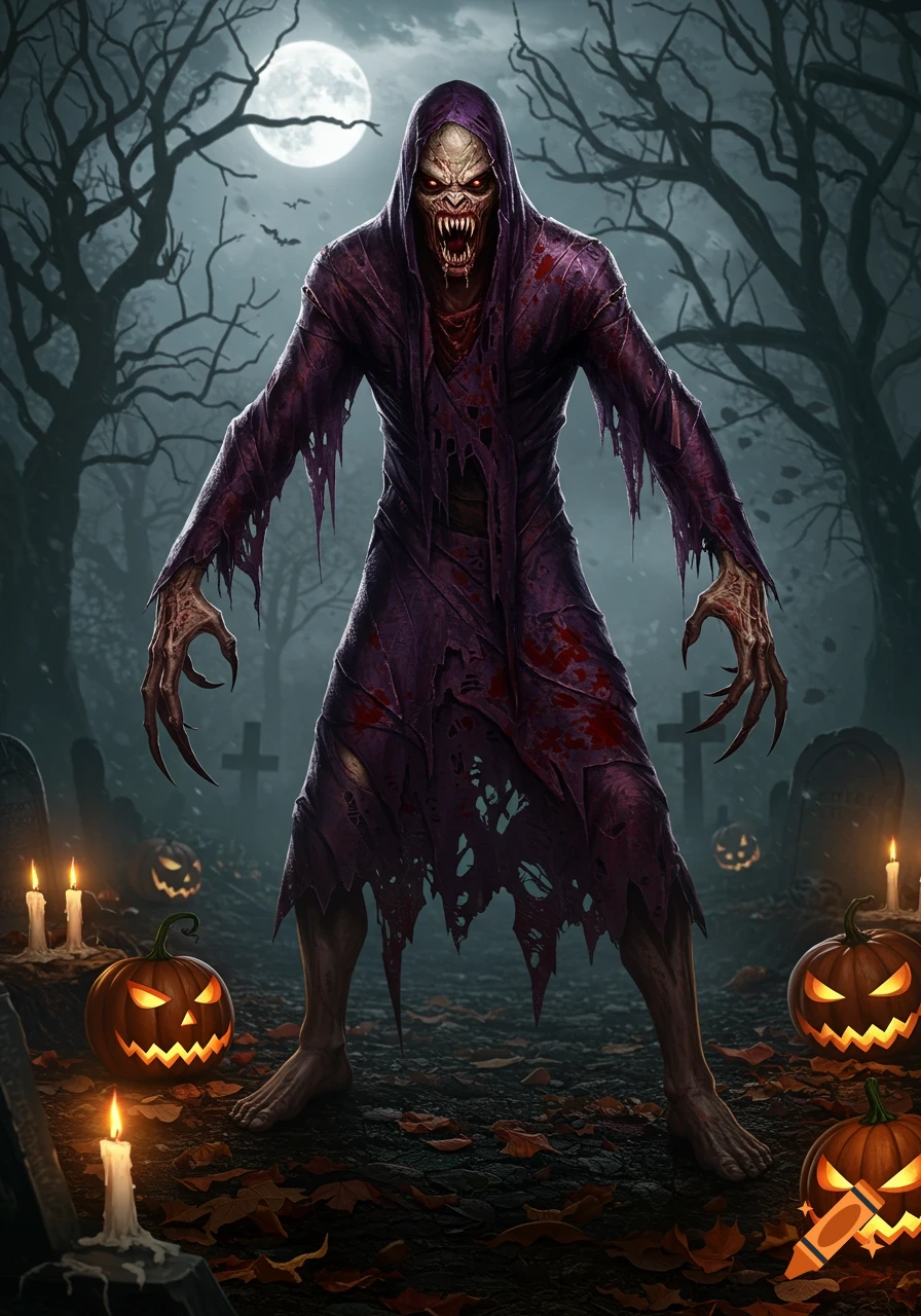 A scary purple-robed monster with sharp teeth and long claws stands in a spooky graveyard with glowing jack-o'-lanterns under a full moon.