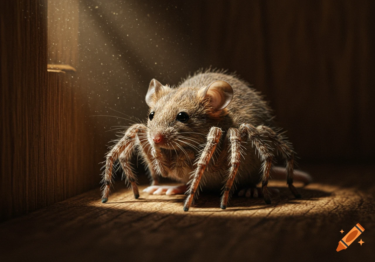 Photorealistic mouse with eight hairy spider legs, crouching in a dusty, dimly lit corner with a sunbeam.