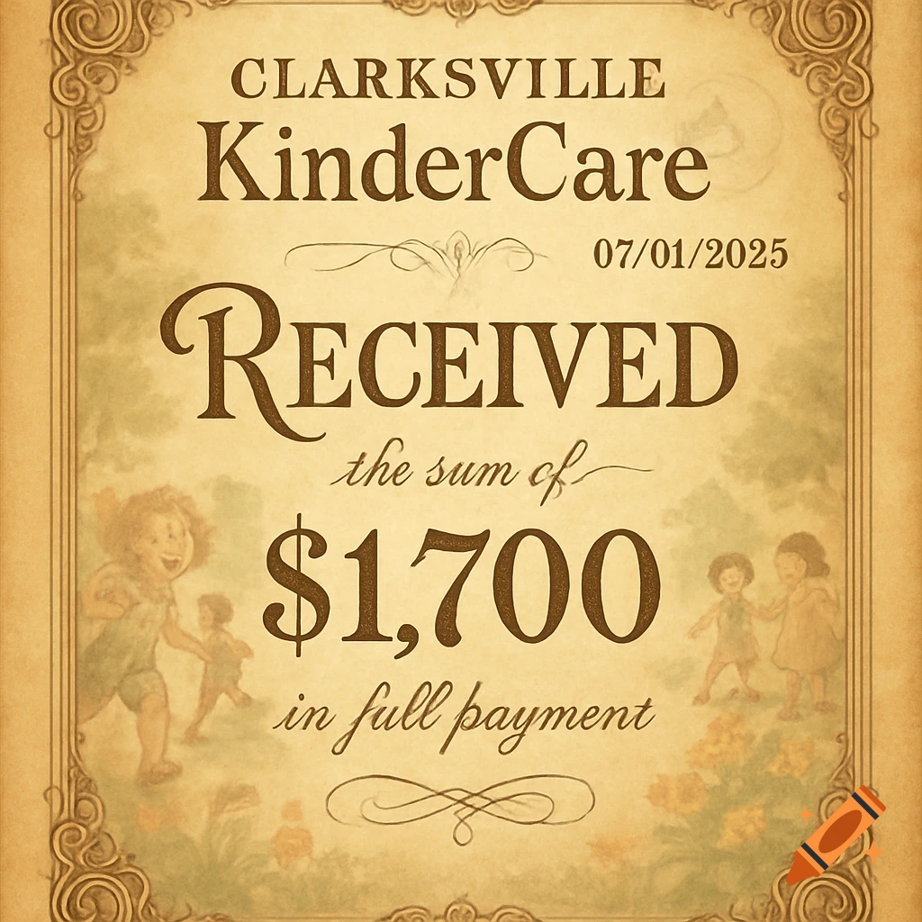 A vintage-style Clarksville KinderCare receipt for $1,700 dated 07/01/2025, with playful children in the background.