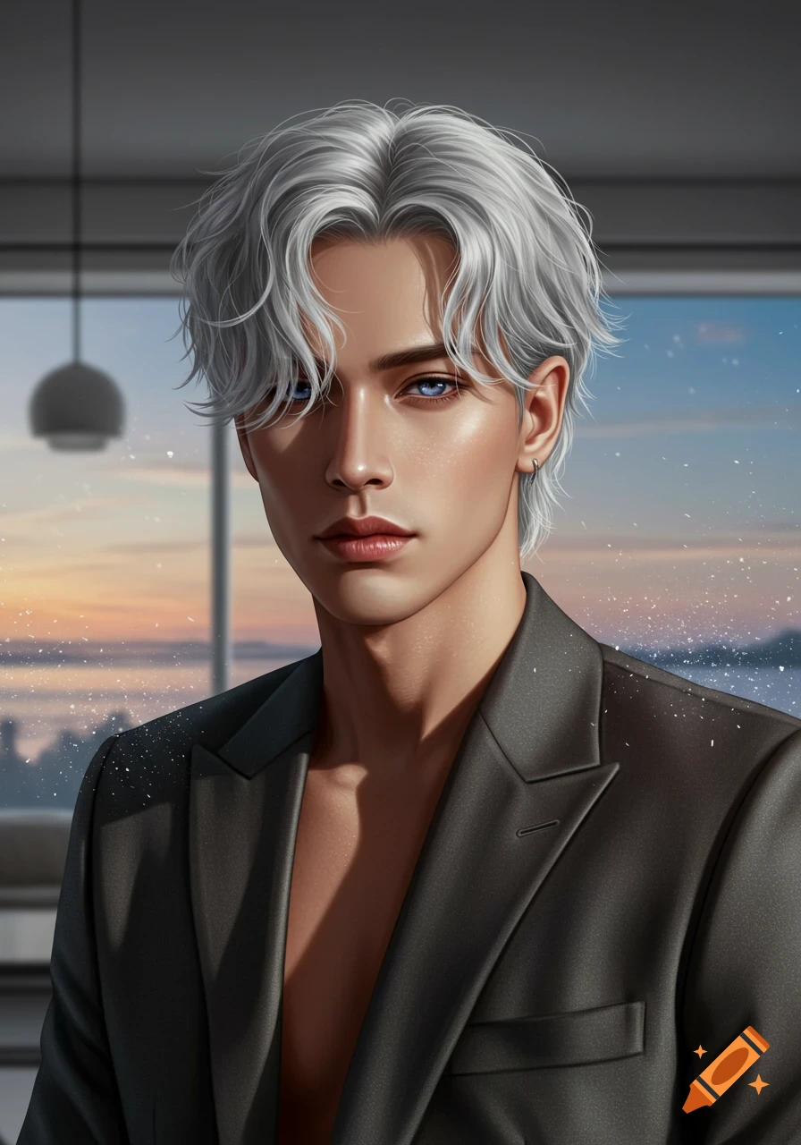 Digital art portrait of a handsome man with silver hair and blue eyes, wearing a dark suit jacket over a bare chest, with a sunset in the background.