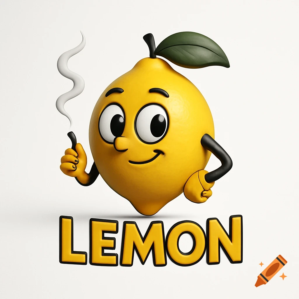 A 3D cartoon yellow lemon character with a smiling face and arms holds a smoking object; the word LEMON is below it.