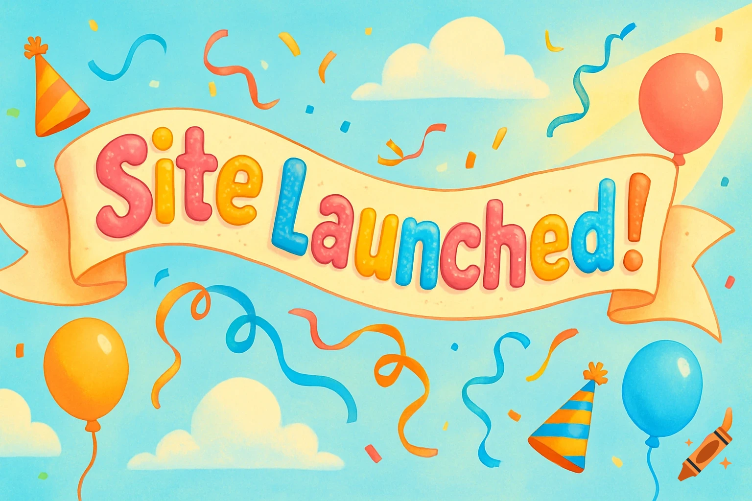 Colorful illustration of a "Site Launched!" banner with balloons, confetti, and party hats on a blue sky background.