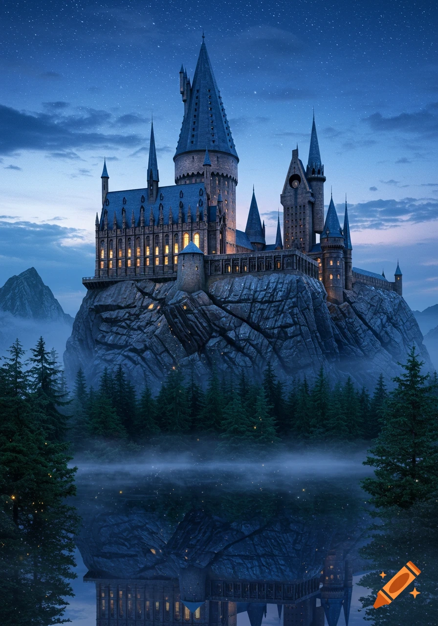 Hogwarts castle illuminated at night, perched on a rocky cliff above a misty lake with reflections, under a starry sky.