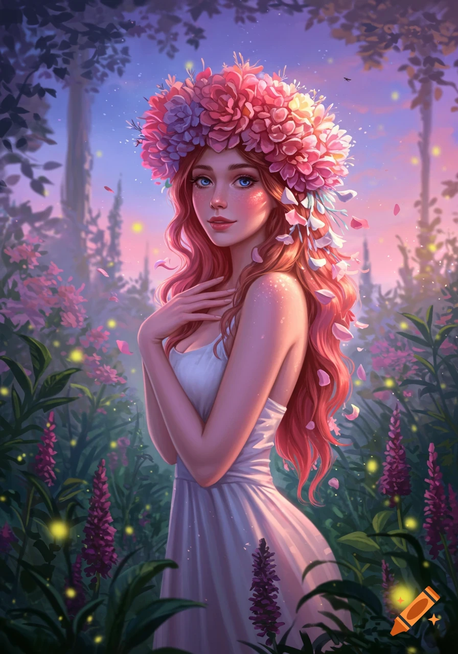 Beautiful woman with a large pink floral crown and long red hair in an enchanted twilight garden, digital art.