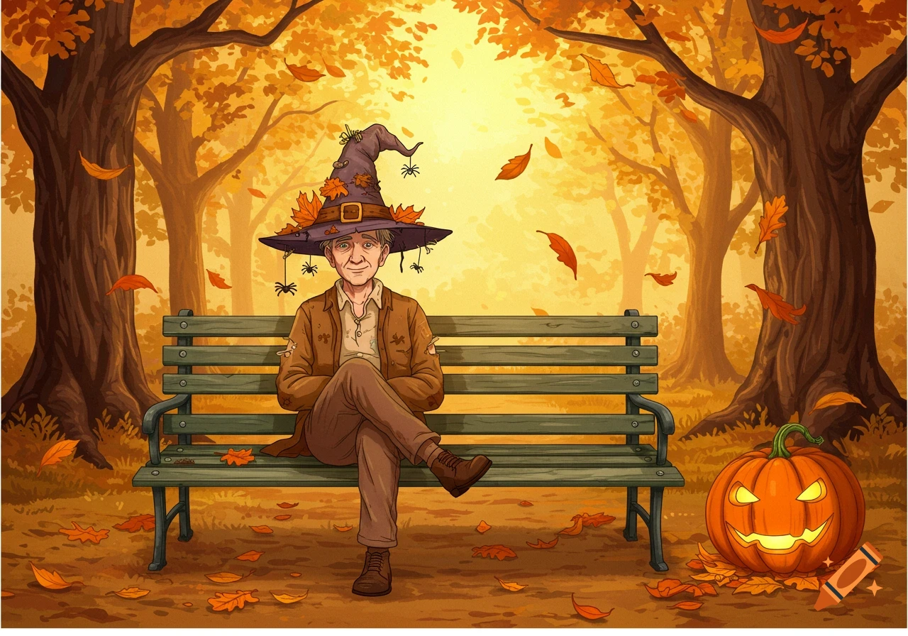 A cartoon man in a witch hat covered with leaves and spiders sits on a park bench surrounded by falling autumn leaves and a jack-o'-lantern.