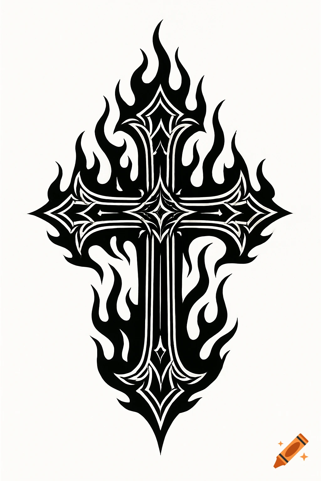 Bold black-and-white gothic cross engulfed in stylized flames, designed as a dark religious biker symbol.