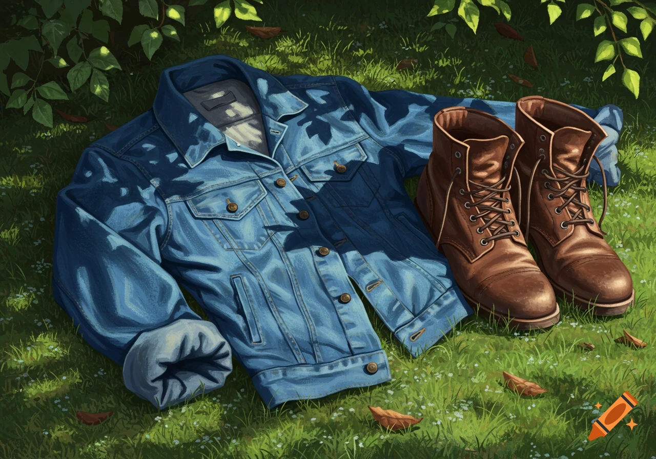 A blue denim jacket and brown lace-up boots rest on green grass under dappled sunlight, surrounded by fallen leaves.