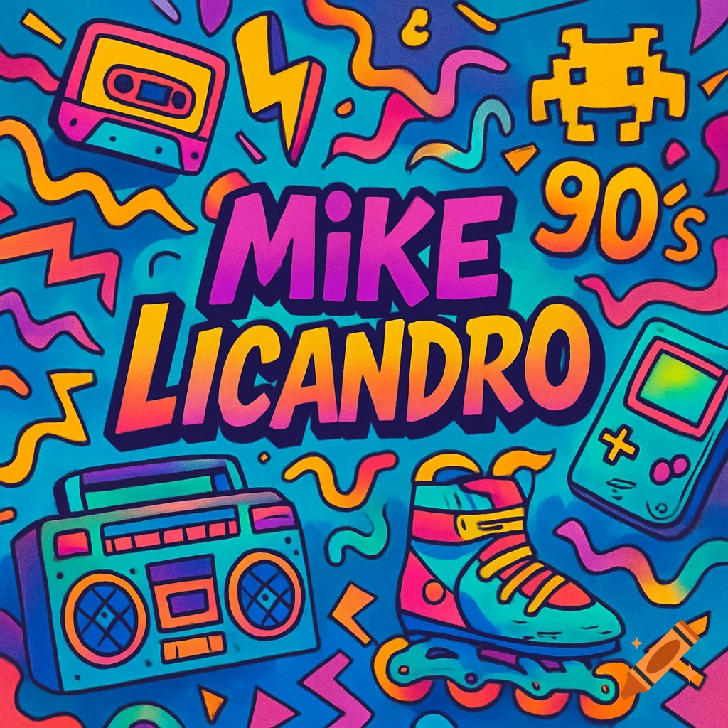Colorful, cartoony 90s pop culture album art with a cassette, boombox, Game Boy, rollerblade, and 'MIKE LICANDRO 90's' text.
