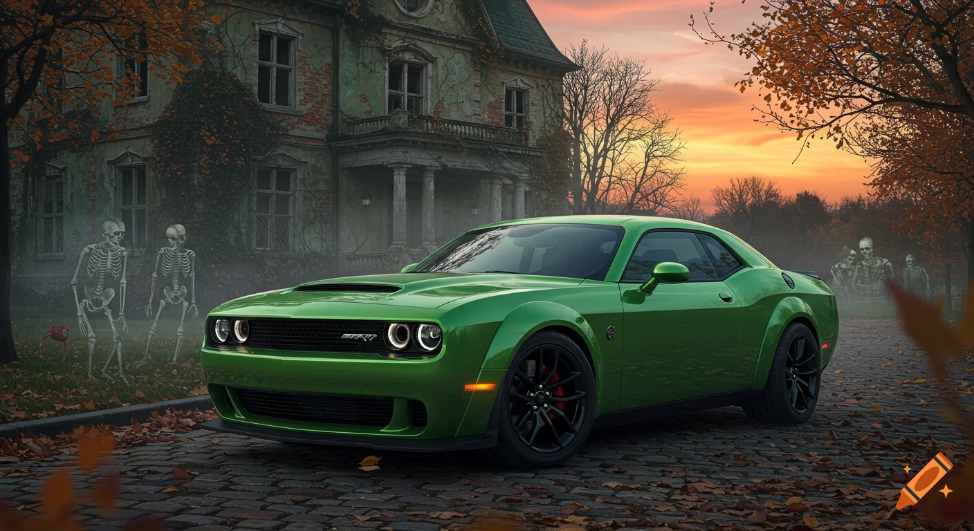 A vibrant green Dodge Challenger widebody sits on a cobblestone path in front of a spooky, vine-covered haunted mansion at sunset, with skeletons in the misty autumn background.