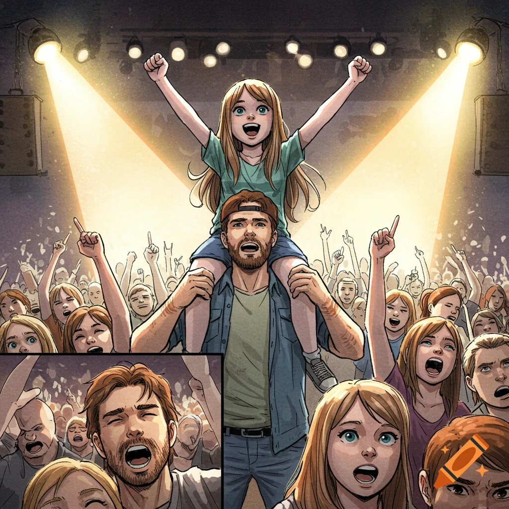 A man with a beard holds a cheering young girl on his shoulders at a vibrant rock concert, surrounded by an energetic crowd, in a comic art style.