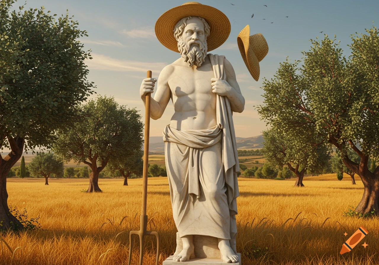 A photorealistic Greek marble statue of Socrates as a farmer, wearing a straw hat and holding a pitchfork in a golden wheat field with olive trees.