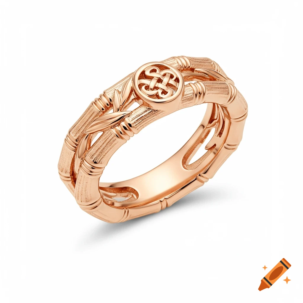 Close-up of a rose gold ring with a textured bamboo band and a central Tibetan endless knot symbol on a white background.