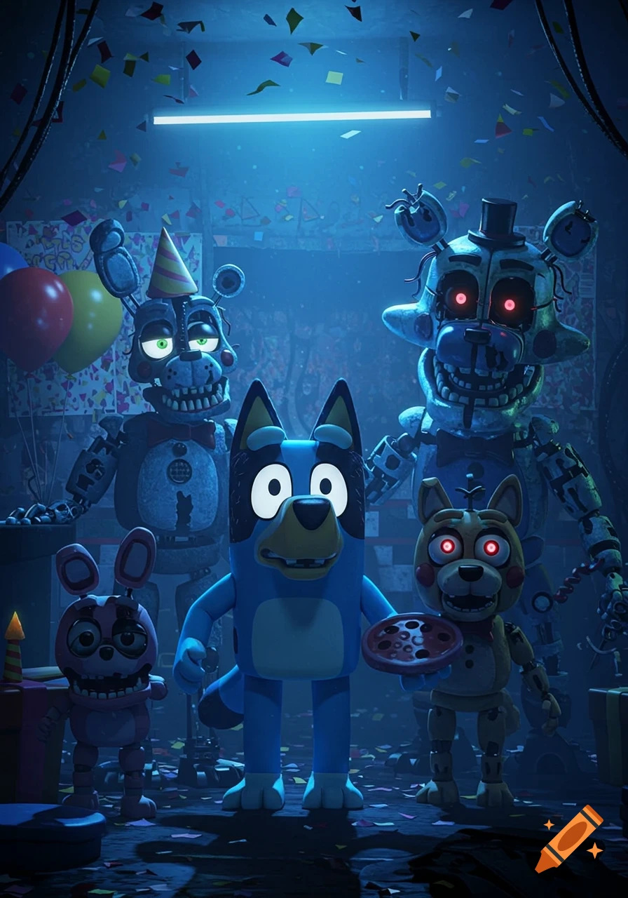 Bluey characters reimagined as creepy animatronics from Five Nights at Freddy's, standing in a dark room with confetti and blue lighting.