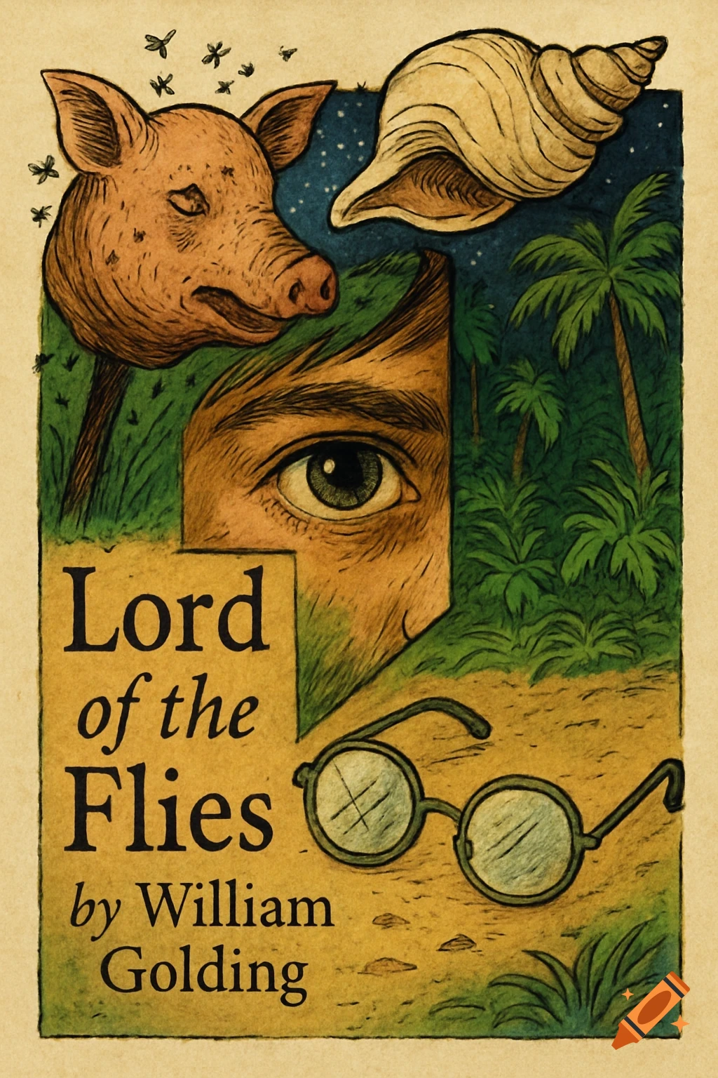 Illustrated cover for Lord of the Flies with a pig's head, human eye, conch, jungle, and glasses in a sketchy style.