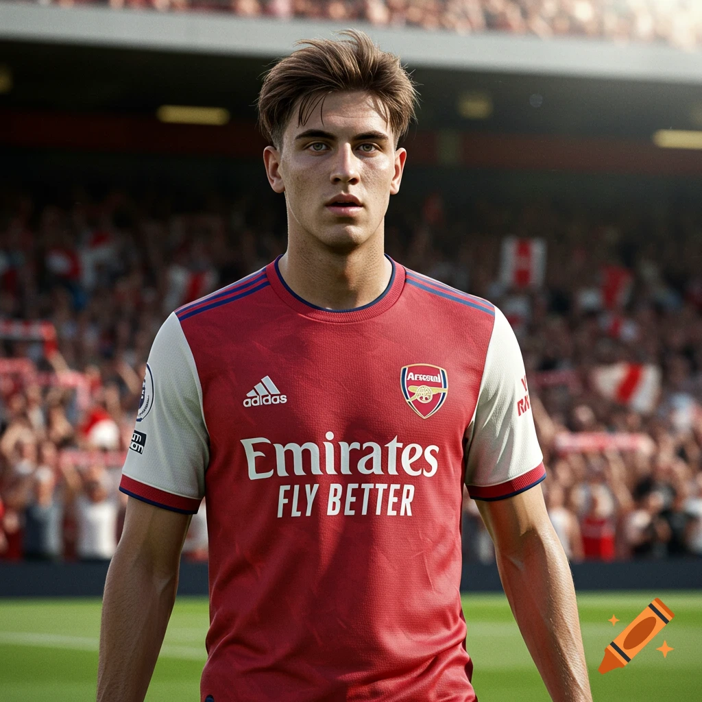 A photorealistic portrait of a young male Arsenal football player in his red and white kit on a stadium field.