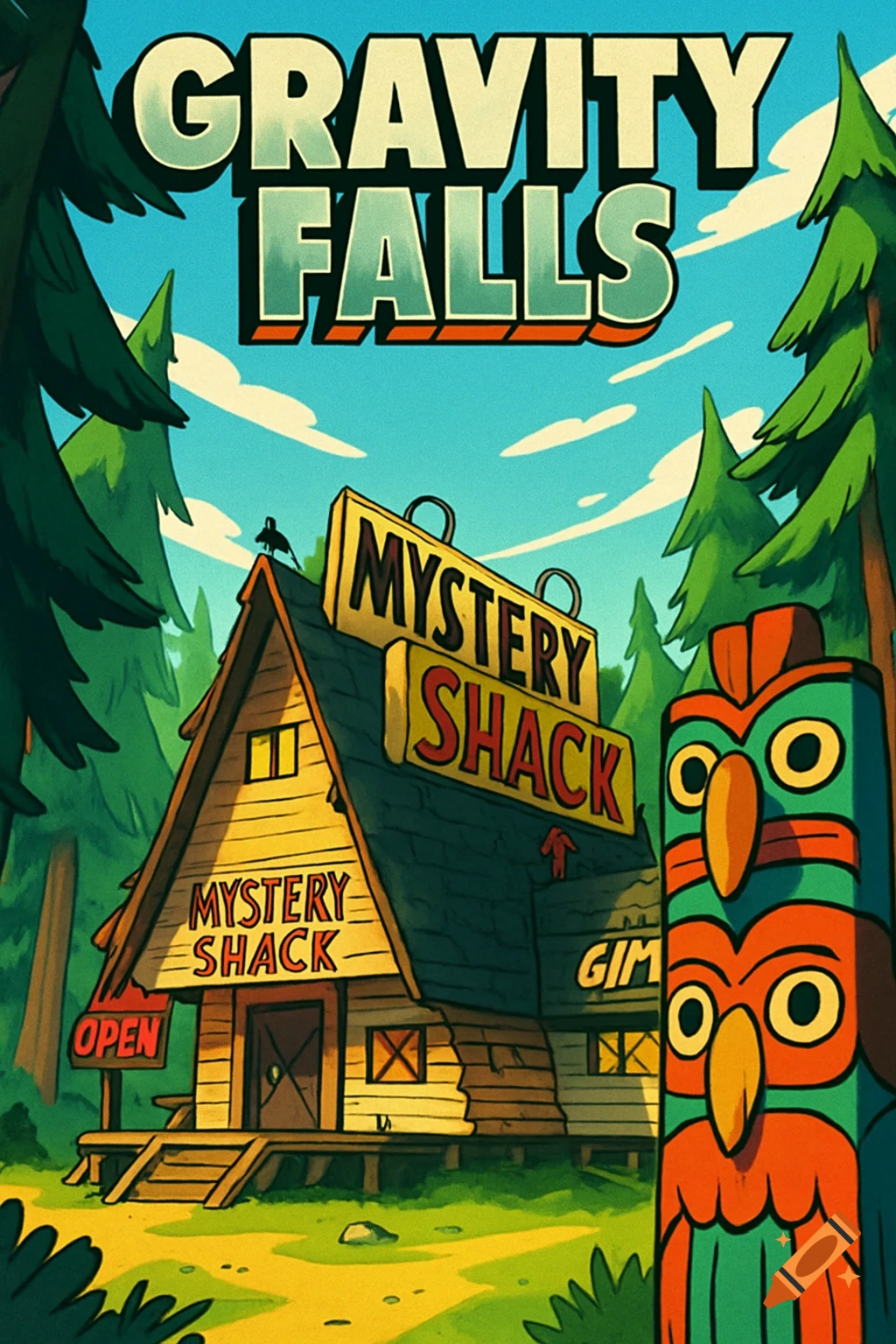 A stylized graphic poster in the "Gravity Falls" style shows the Mystery Shack, a wooden cabin in a dense forest, with a quirky totem pole next to it under a blue sky.