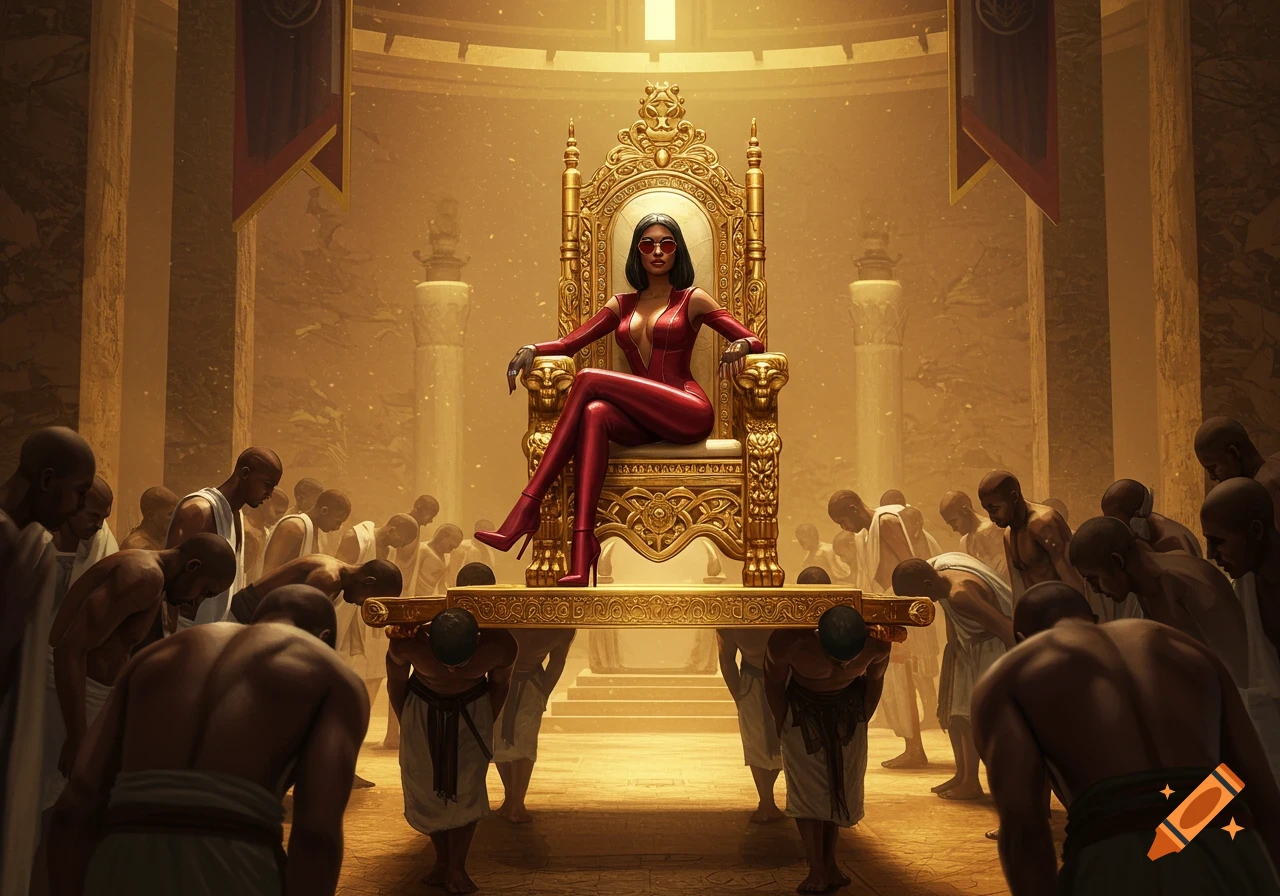 A powerful woman in a red catsuit and sunglasses sits on an elaborate golden throne carried by men, while others bow in a grand, golden hall. Photorealistic style.