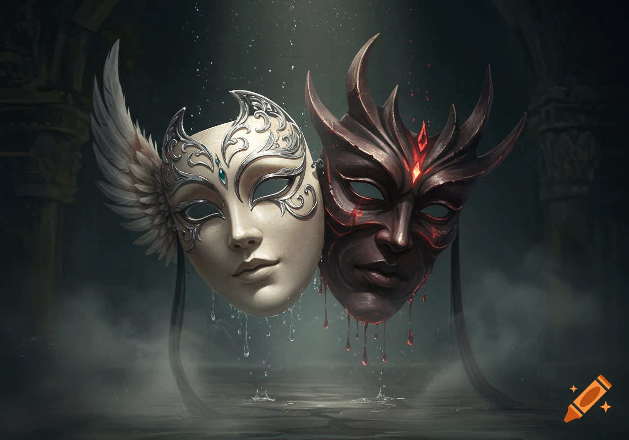 Two ornate masks, one white and angelic with wings, the other dark and demonic with horns, drip liquid in a misty setting.