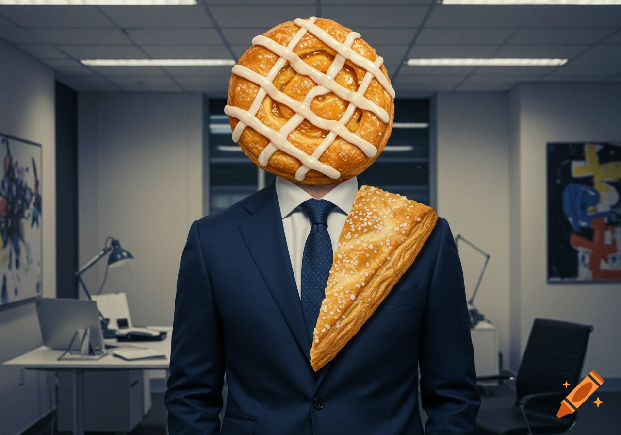 A man in a dark suit in an office has a round pastry for a head and a triangular pastry on his shoulder.
