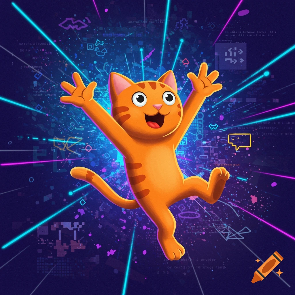 Vibrant orange cartoon cat mascot with stripes leaping happily against a blue and purple digital background.