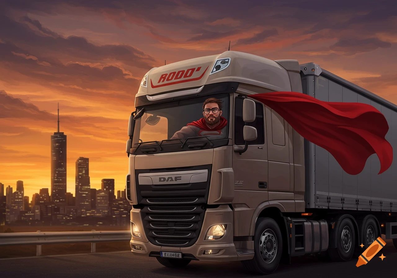 A bearded man in glasses and a red cape drives a beige DAF semi-truck at sunset with a cityscape in the background.