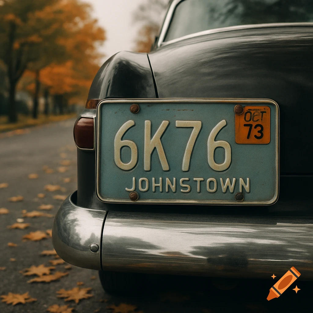 Rear view of a vintage car with a 'Johnstown' license plate and 'OCT 73' sticker, on an autumn street with fallen leaves.