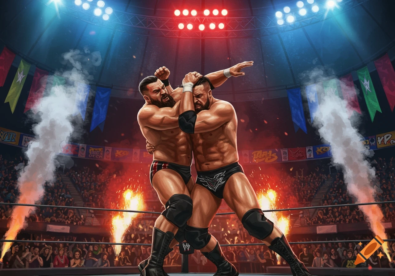 Two muscular male wrestlers grapple in a brightly lit ring, surrounded by a crowd and pyrotechnics, in an illustrative style.