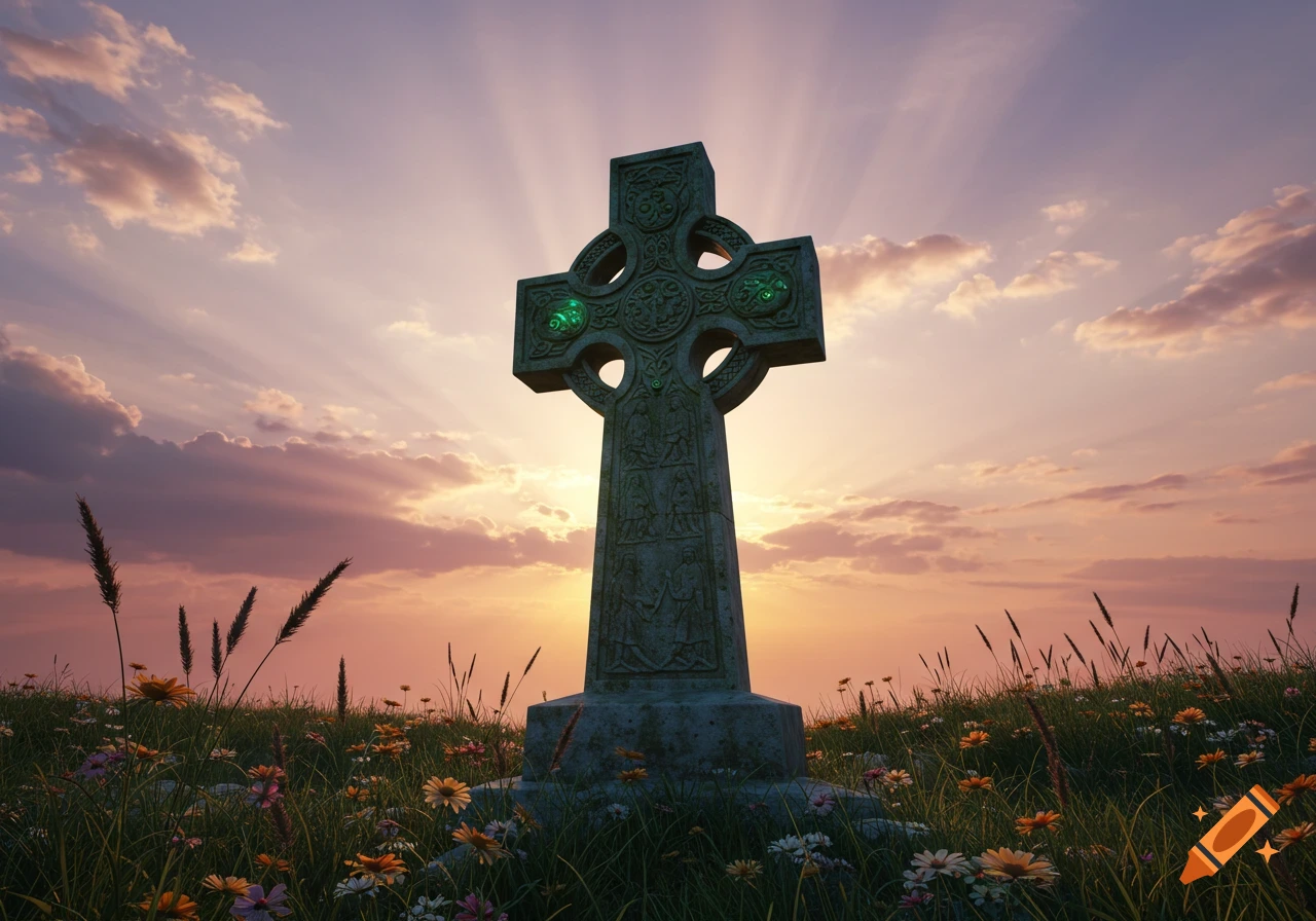 A majestic Celtic cross stands tall in a field of wildflowers at sunset, with sunrays beaming through pink and purple clouds.