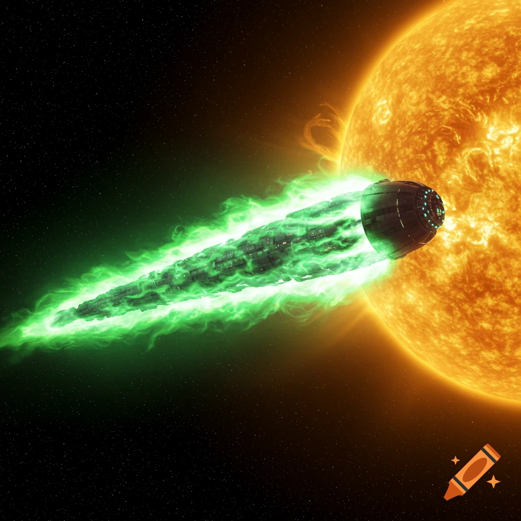 A cigar-shaped spaceship with a glowing green flame trail, disguised as a comet, approaches a bright orange sun in deep space.
