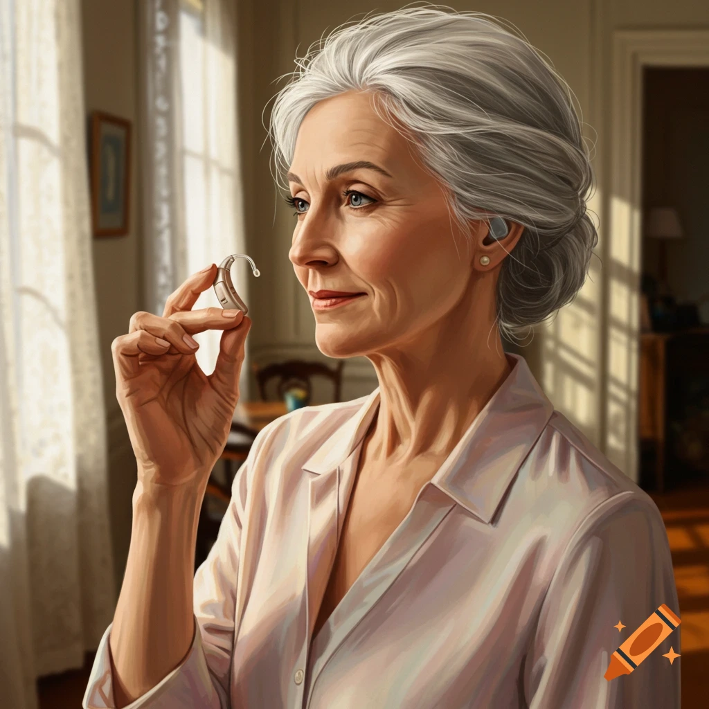 Elderly woman with gray hair holds a small hearing aid, looking thoughtfully in a sunlit room. Photorealistic.